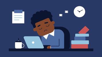 Sleepy Office Worker A person at an office desk marked with a Do Not Disturb sign with a desk piled high with papers nodding off while a glowing phone buzzes nearby.. vector