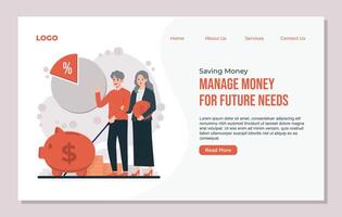 Landing page template of Saving money concept money management website. Flat style illustration. vector