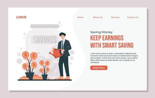 landing page template for saving money in a jar. Businessman with a watering can. vector