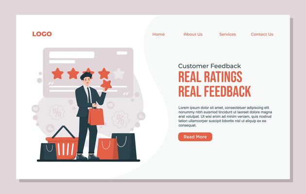 Referral program landing page. Customer feedback reviews and star ratings concept. illustration