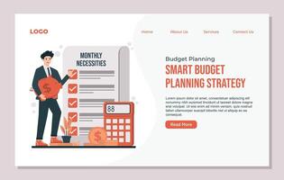 Budget planning saving web page design template for stock market analysis. Businessman with a big red shield and a calculator. vector