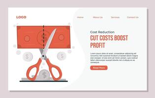 Cost reduction concept web site design template with flat icons of scissors cut money. vector