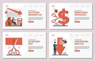 Landing page template Cost reduction concept illustration set showing business strategies to optimize spending, cut unnecessary costs, and increase financial efficiency vector