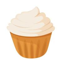 Cartoon Cupcake with Swirled Vanilla Frosting in Orange Wrapper vector