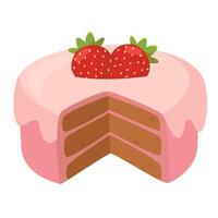 Cartoon Layered Cake with Pink Frosting and Strawberries on Top vector