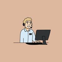 Hotline Customer service telephone lines serve consumers in a friendly and smiling manner, dressed neatly vector