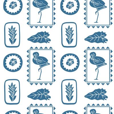 Monochrome blue seamless pattern with flamingo, tropical leaf, exotic flower and framed jungle motifs, ideal for fabric, wallpaper, and modern decorative projects.