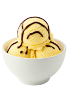 Scoops of vanilla ice cream with chocolate drizzle isolated on a transparent background png
