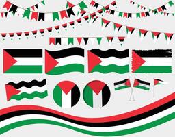 Palestinian Flag Set with Bunting Banners, Waving Flags, Round Icons, and Brush Stroke Elements for Banners, Posts and National Day Designs vector