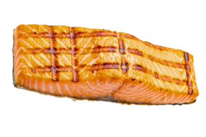 Grilled salmon fish fillet with char marks isolated on a transparent background png
