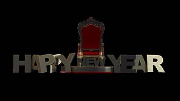 happy new year 2023 3D animation, gold happy new year gold text with armchair on dark background video