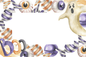 Halloween banner template with colorful candies,eye balls,mystery ghost and boo character watercolor illustration.Hand drawn frame with sweets for autumn festive poster,card,party invitation design png