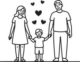A black and white line drawing of a family holding hands with hearts above them in a simple style vector