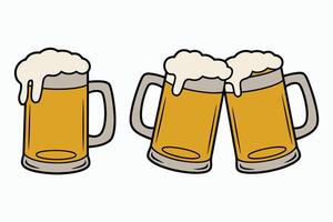 Cartoon Beer Mugs with Frothy Head Single and Toasting vector