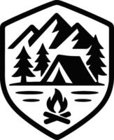 Minimalist Black and White Badge Design with Mountains Tent Campfire and Pine Trees in Flat Style vector