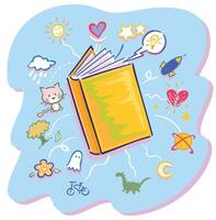 Cartoon style storybook illustration with fantasy elements bursting out of the pages. vector