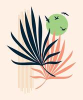 Composition with leaves and geometric shapes. Art representing nature in simple forms. vector