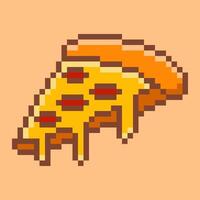 A slice of retro pixel art pizza. Rendered in a classic 8-bit style, it features delicious pepperoni toppings and dripping cheese. Isolated on a warm peach background. vector
