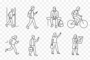 Minimalist Line Art Set of Students and Commuters Walking, Studying, and Campus Life Scenes vector