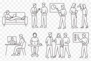 Minimalist Line Art Set of Remote Work and Team Collaboration Business Productivity Scenes vector