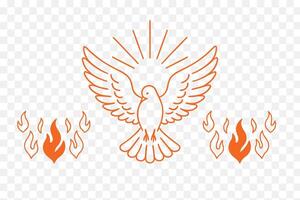 Line art of a dove descending with rays and stylized flames minimal, editable . vector