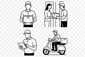 Minimalist Line Art of Delivery Workers with Packages and Scooters vector