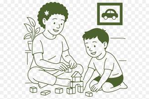 line art illustration of A sibling playing together with building blocks on the floor vector