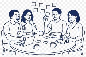illustration of A group of colleagues different ethnicities and genders brainstorming together at a round table, with sticky notes, laptops, and coffee cups vector