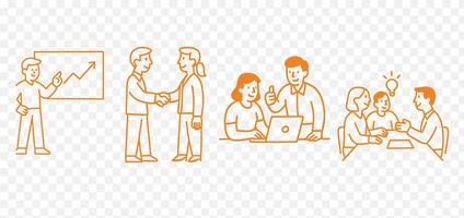 Business Office Scenes minimalist line art, presentation, brainstorming, handshake, teamwork vector