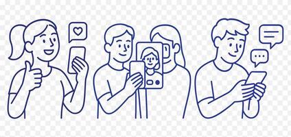 line art set featuring influencer call mobile messaging vector