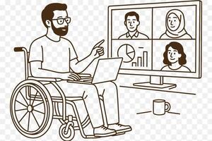 illustration of A man in a wheelchair giving an online presentation to a virtual team visible on a large monitor vector