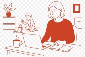 A mother working from home, with a toddler playing in the background. vector