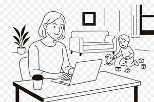 mother working from home, with a toddler playing in the background. vector
