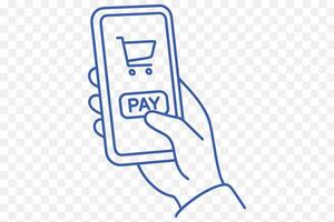 line art drawing of a person making a mobile payment with a smartphone, digital wallet app visible vector