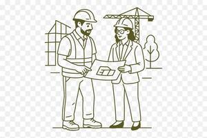 construction worker and an architect are discussing blueprints on-site. vector