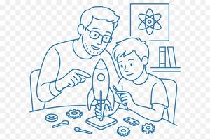line art illustration of A boy building a science project with a parent. vector