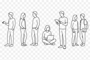 Minimalist Line Art Set of Students and Young Professionals Talking, Studying, and Using Technology vector