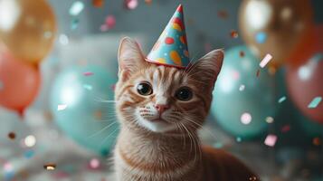 Happy cat wearing a colorful party hat surrounded by balloons and confetti. 13 photo