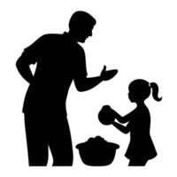 Father and Daughter Near Bowl with Objects Silhouette vector