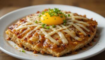 Delicious, cheesy, noodle dish topped with a yolk. photo