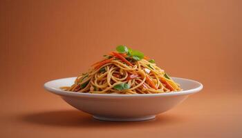 A delicious pasta dish topped with fresh herbs. photo