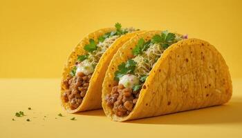 Two tacos filled with savory meat and toppings on a yellow background. photo