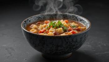 Steaming bowl of hearty vegetable soup. photo