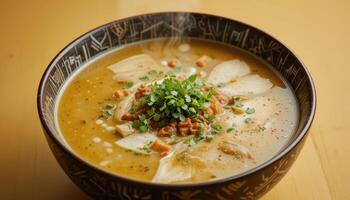 A hearty bowl of creamy, steaming soup with topping. photo