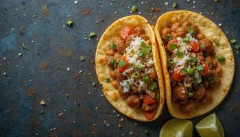 Two chickpea tacos on a dark surface with a lime. photo