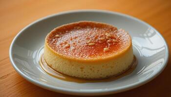 A delectable caramel custard dessert on a plate. photo