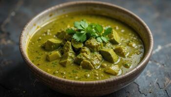 Close-up view of a hearty green curry dish. photo