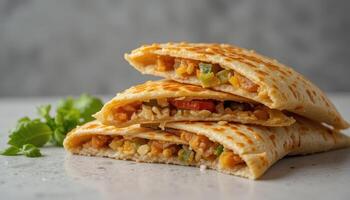 Three savory quesadillas stacked on a light surface. photo