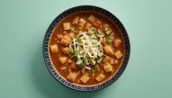 Hearty vegetable and meat stew in a bowl. photo