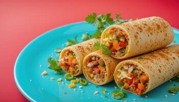 Colorful rolled wraps arranged on a turquoise plate. photo
